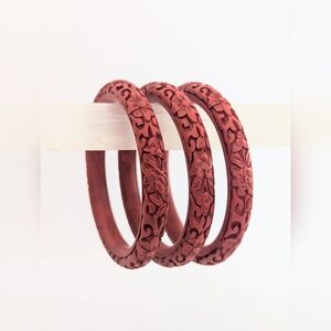 Vintage/Estate Red Carved Chinese Cinnabar Bangle Bracelets; Set of 3